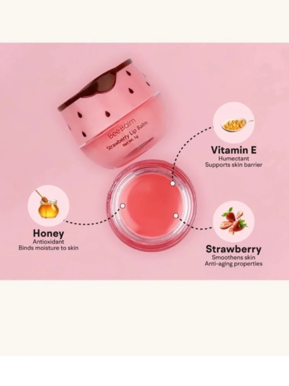 Bee Balm Strawberry Lip Balm Pink Honey Vitamin E Moisturizing Treatment